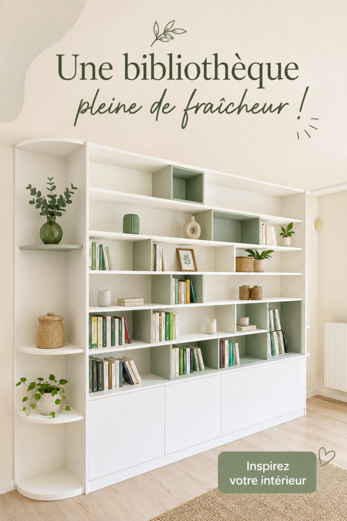Bibliothèque moderne et accueillante avec des plantes et un éclairage chaleureux.