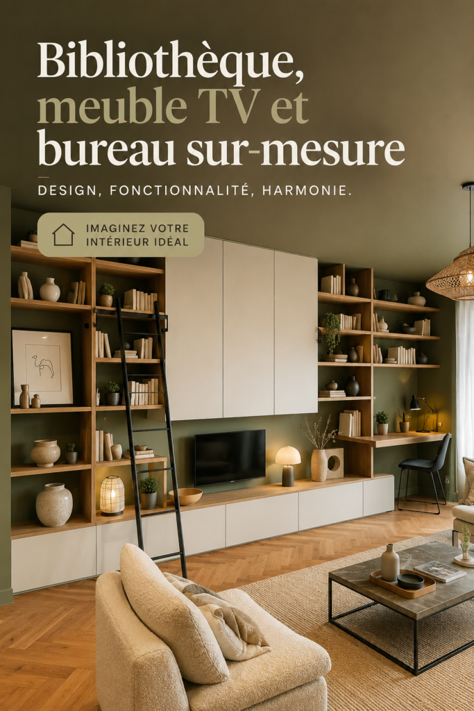 Un salon moderne avec une bibliothèque sur-mesure et un meuble TV élégant.