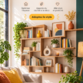 Une bibliothèque murale design remplie de livres et d'objets décoratifs dans un salon moderne.