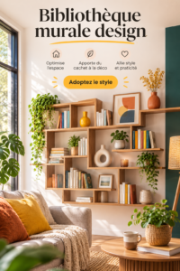 Une bibliothèque murale design remplie de livres et d'objets décoratifs dans un salon moderne.