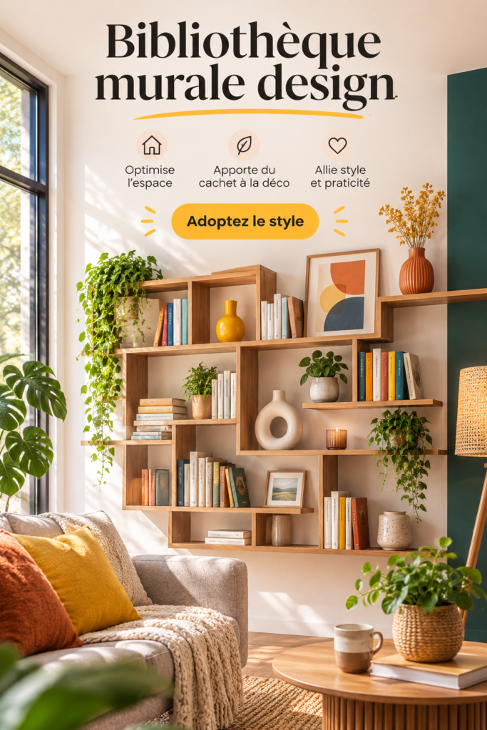 Une bibliothèque murale design remplie de livres et d'objets décoratifs dans un salon moderne.