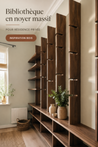 Une bibliothèque en noyer élégant dans un salon moderne, créant une atmosphère chaleureuse.