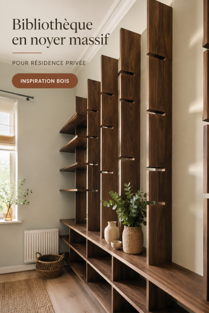 Une bibliothèque en noyer élégant dans un salon moderne, créant une atmosphère chaleureuse.