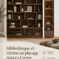 Bibliothèque en placage noyer et verre dans un intérieur tendance