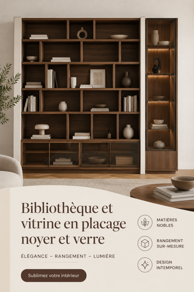 Bibliothèque en placage noyer et verre dans un intérieur tendance