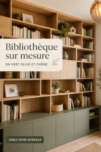 Bibliothèque sur mesure en vert olive et chêne, parfaite pour un intérieur chaleureux