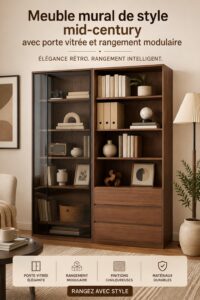 Bibliothèque en verre au style Mid Century dans un salon décoré avec goût