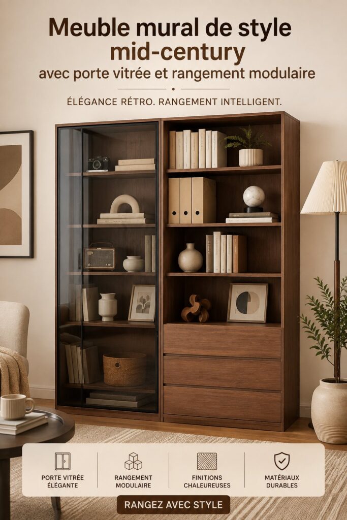 Bibliothèque en verre au style Mid Century dans un salon décoré avec goût