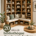 Bibliothèque d'angle moderne en bois avec des livres et des décorations.