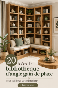 Bibliothèque d'angle moderne en bois avec des livres et des décorations.