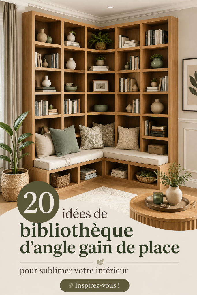 Bibliothèque d'angle moderne en bois avec des livres et des décorations.
