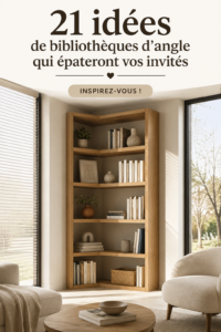 Une belle bibliothèque d'angle en bois décorée de livres et objets dans un salon