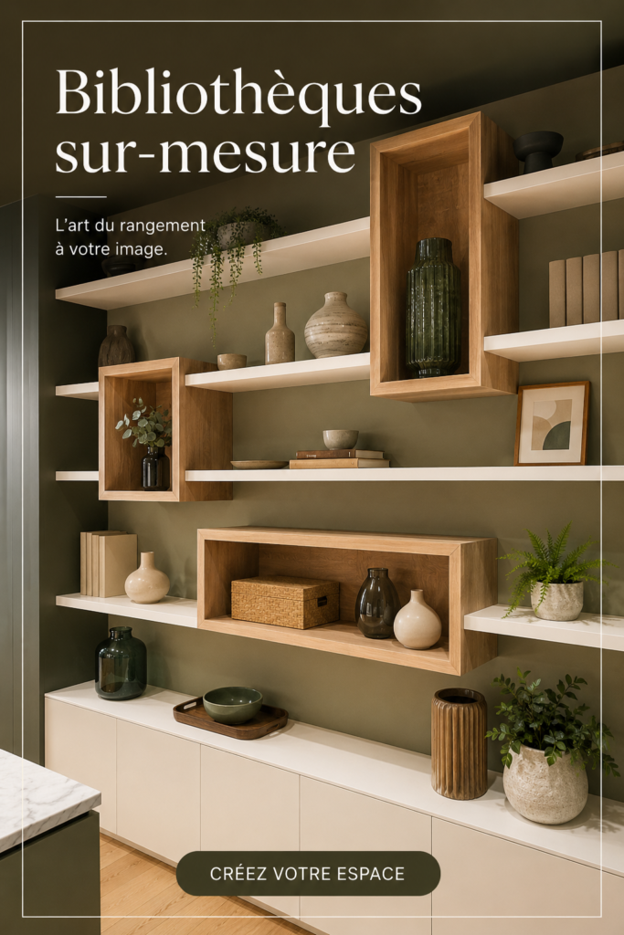 Bibliothèque sur-mesure en bois avec des étagères ouvertes dans un salon moderne.