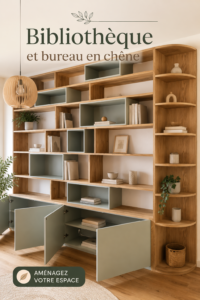 Une bibliothèque élégante en chêne dans un bureau décoré chaleureusement.