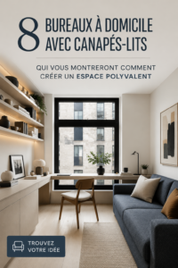 Bureau à domicile élégant avec un canapé-lit confortable et un coin travail lumineux.