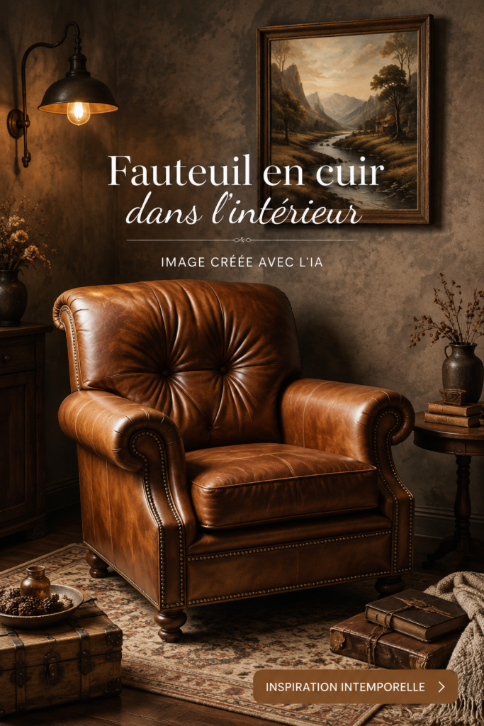 Chaise en cuir dans un salon chaleureux, ajoutant une touche élégante à la décoration.