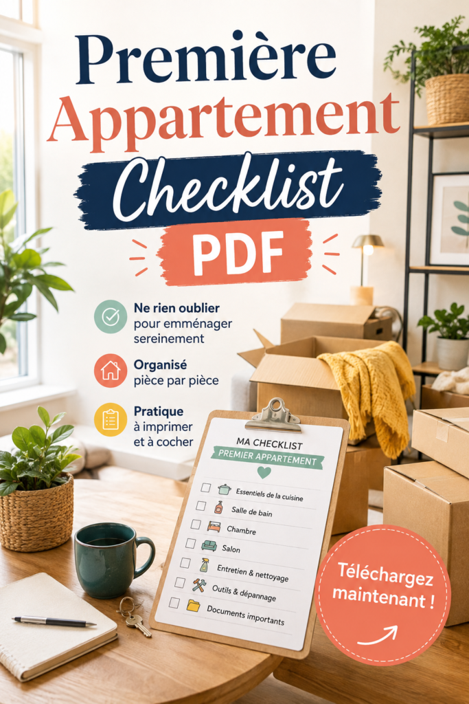 Une checklist d'aménagement pour un premier appartement avec des éléments essentiels.