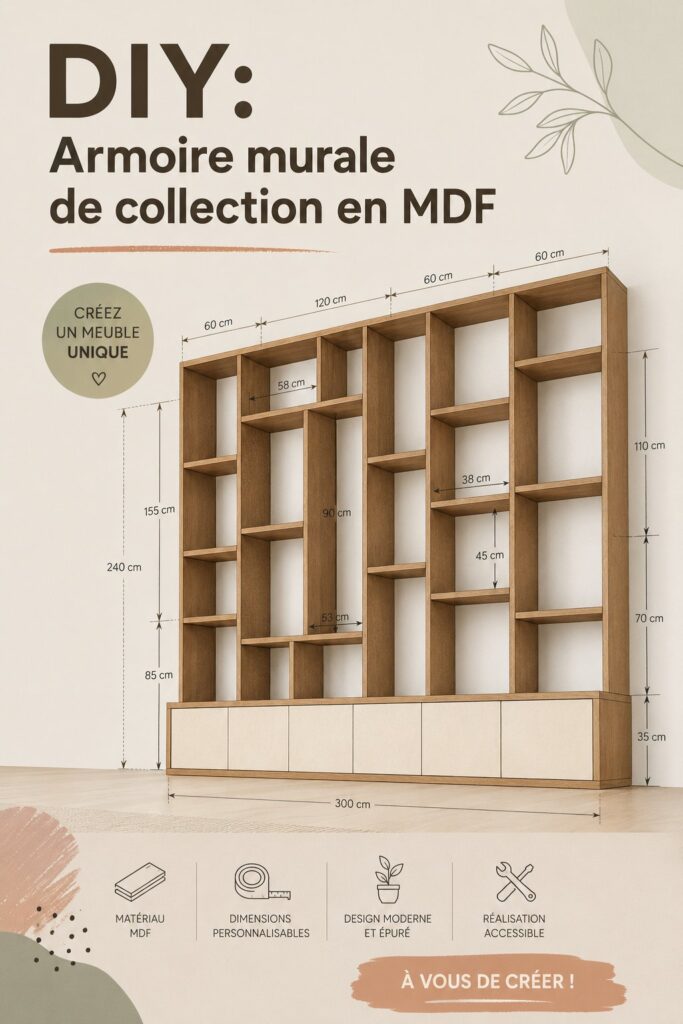 Cabinet de curiosités en MDF, décoré avec des objets uniques, dans un intérieur chaleureux.