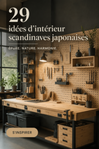 Un salon aux influences scandinaves et japonaises avec des couleurs douces et du mobilier en bois.