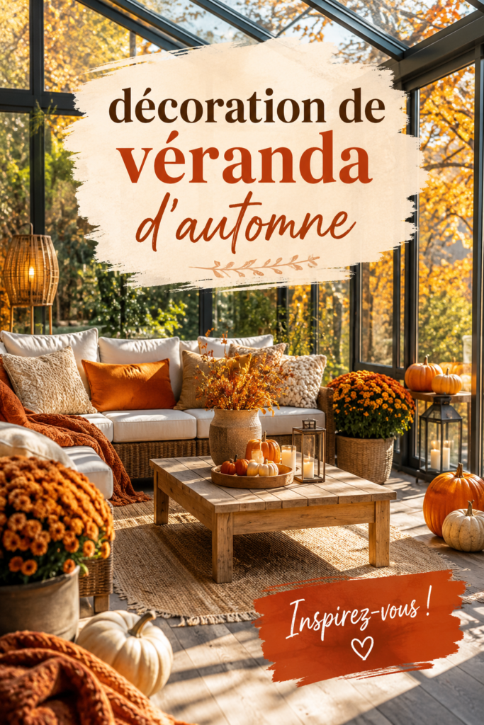 Véranda décorée pour l'automne avec des coussins et des lanternes