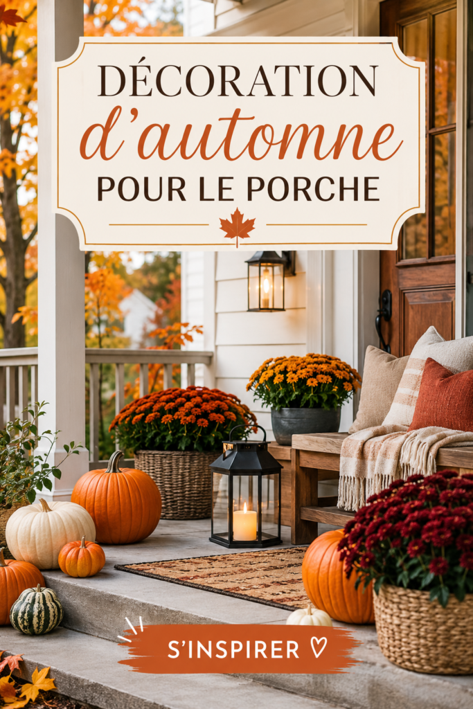 Décoration d'un porche automnal avec des courges et des plantes