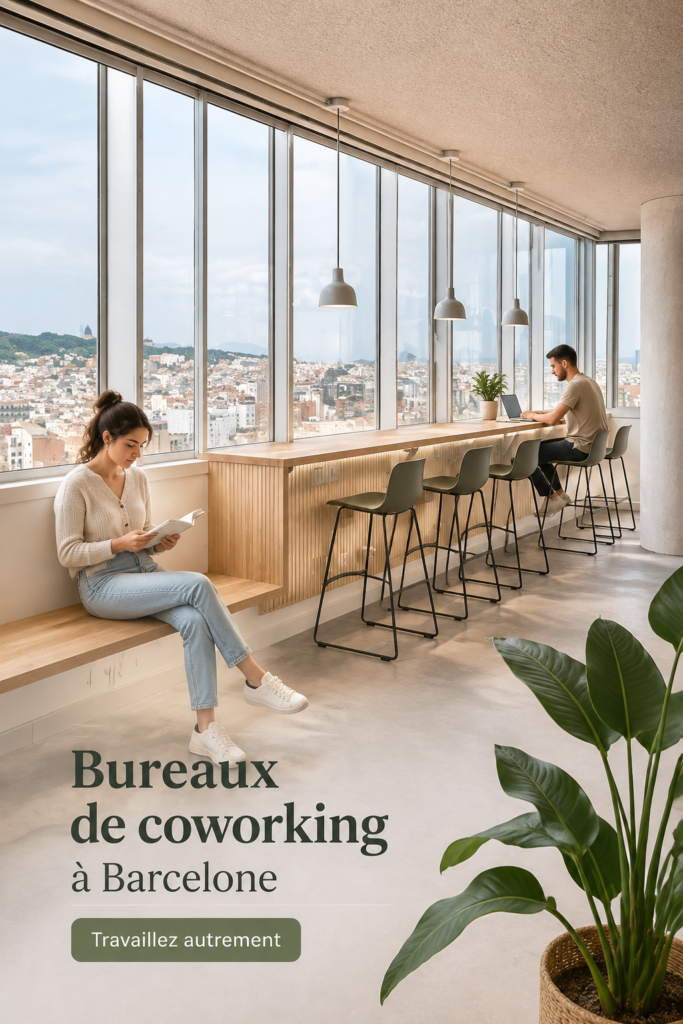 Espace de coworking moderne à Barcelone avec une décoration chaleureuse et fonctionnelle.