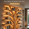 Etagère en forme d'arbre dans un salon moderne, ajoutant une touche de décoration unique.