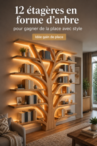 Etagère en forme d'arbre dans un salon moderne, ajoutant une touche de décoration unique.