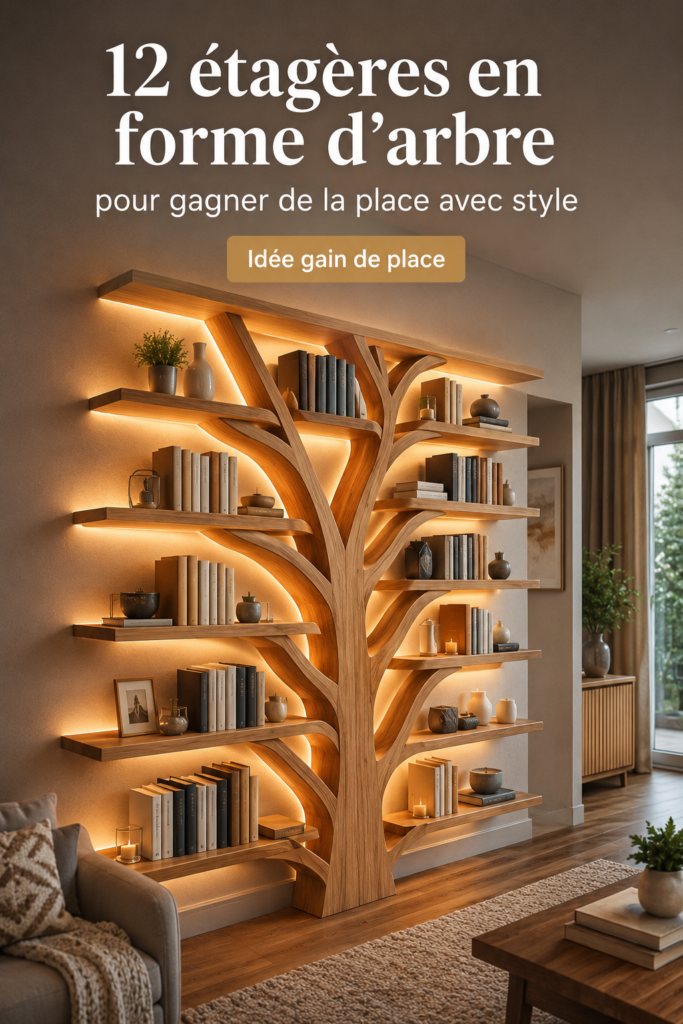 Etagère en forme d'arbre dans un salon moderne, ajoutant une touche de décoration unique.