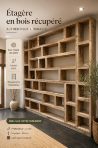 Une étagère en bois revalorisé dans un intérieur chaleureux et décoré avec goût.
