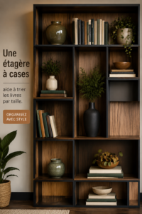 Etagères en boîte organisées avec des livres de différentes tailles dans un intérieur chaleureux.