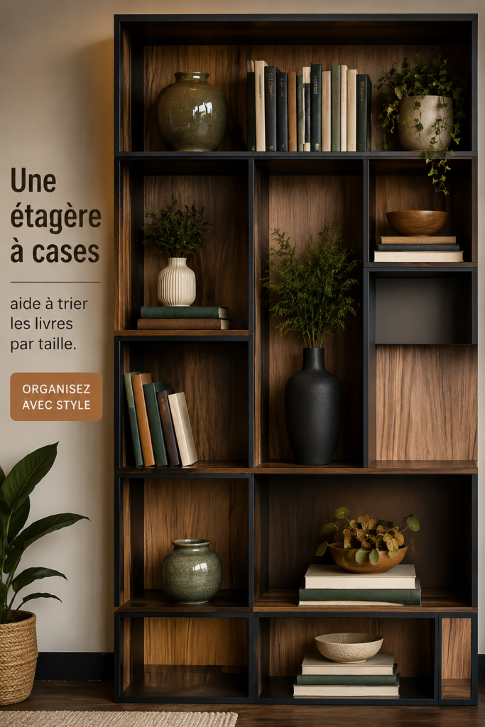 Etagères en boîte organisées avec des livres de différentes tailles dans un intérieur chaleureux.