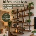 Étagères flottantes en bois dans un salon chaleureux, décorées d'objets et de plantes