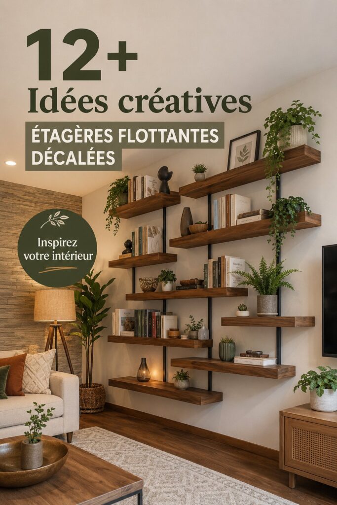 Étagères flottantes en bois dans un salon chaleureux, décorées d'objets et de plantes