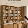 Étagère intégrée en chêne dans un salon stylé, ajoutant chaleur et fonctionnalité.