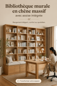 Étagère intégrée en chêne dans un salon stylé, ajoutant chaleur et fonctionnalité.