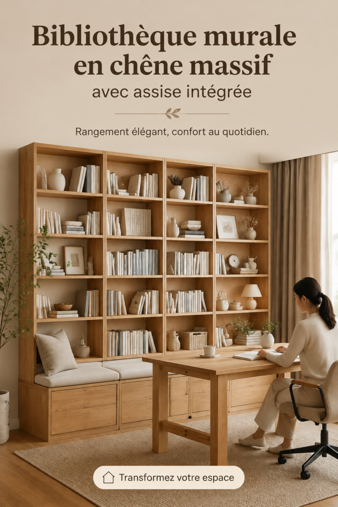 Étagère intégrée en chêne dans un salon stylé, ajoutant chaleur et fonctionnalité.