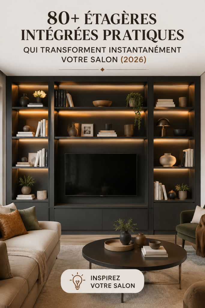 Etagères intégrées modernes embellissant un salon chaleureux