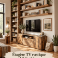 Meuble TV en bois rustique installé dans un salon moderne avec décoration chaleureuse.