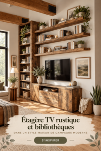 Meuble TV en bois rustique installé dans un salon moderne avec décoration chaleureuse.