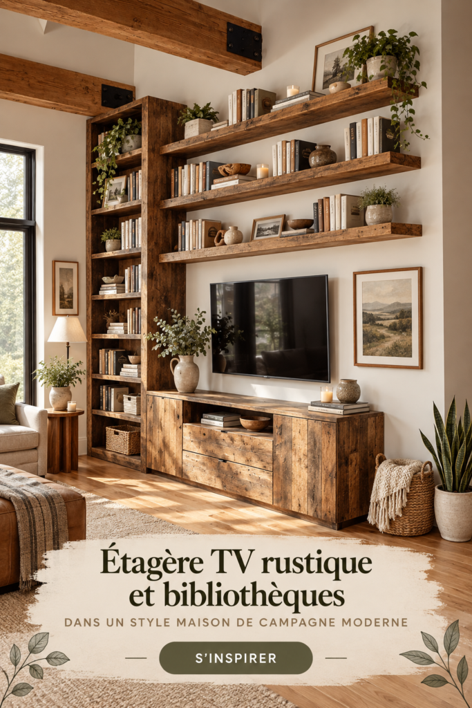 Meuble TV en bois rustique installé dans un salon moderne avec décoration chaleureuse.