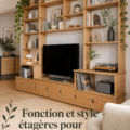 Étagères modernes en bois décorées avec des plantes et des livres dans un intérieur chaleureux