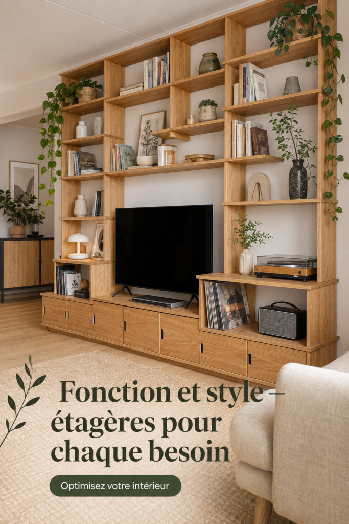 Étagères modernes en bois décorées avec des plantes et des livres dans un intérieur chaleureux