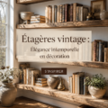 Étagère vintage en bois dans un salon élégant, décorée de livres et d'objets de décoration