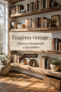Étagère vintage en bois dans un salon élégant, décorée de livres et d'objets de décoration