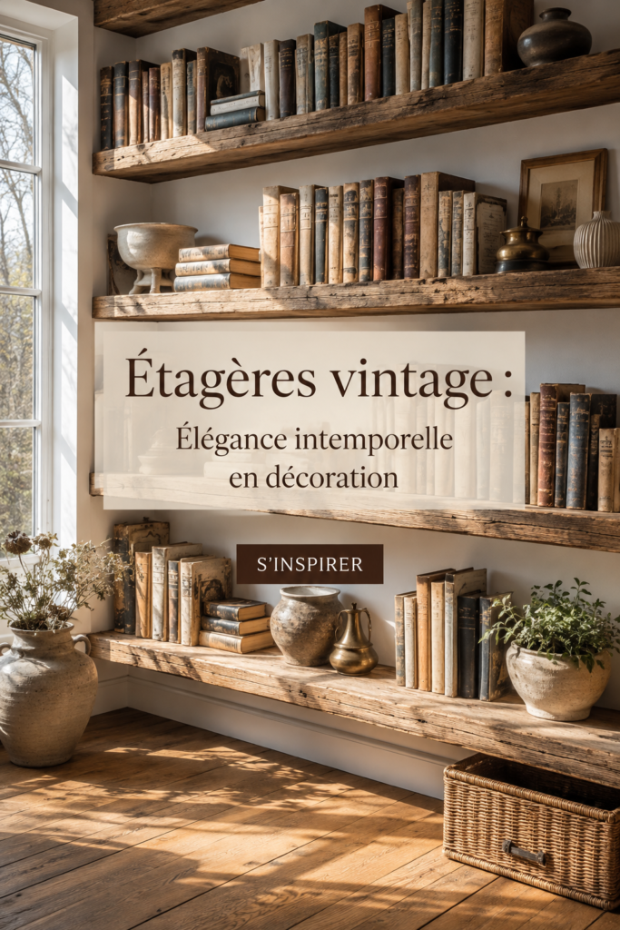 Étagère vintage en bois dans un salon élégant, décorée de livres et d'objets de décoration