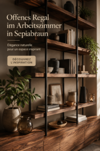 Un bureau décoré avec une étagère ouverte en bois remplie de livres et de plantes vertes.