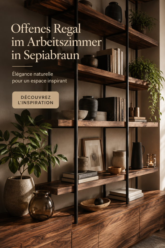 Un bureau décoré avec une étagère ouverte en bois remplie de livres et de plantes vertes.
