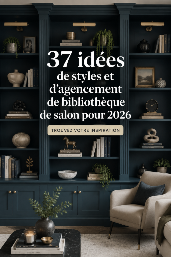 Un salon moderne avec une bibliothèque en bois et des fauteuils confortables.