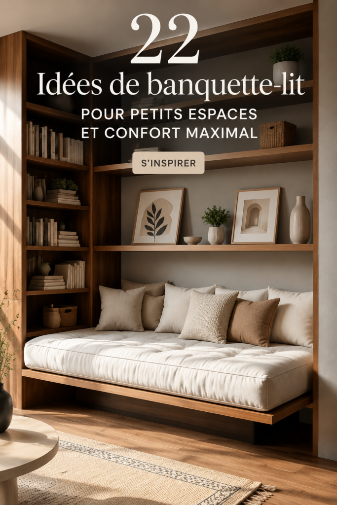 Une banquette confortable et stylée dans un petit salon, idéale pour optimiser l'espace.